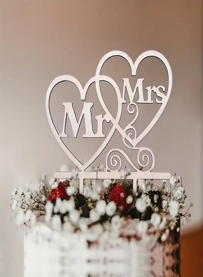 Cliths Wooden Mr & Mrs Cake Topper for Wedding Engagement Double Heart Rustic Wood Cake Decoration Bride Groom Party Supplies Mr and Mrs Cake Topper for Anniversary, 5.31x5.24 Inch - Image 4